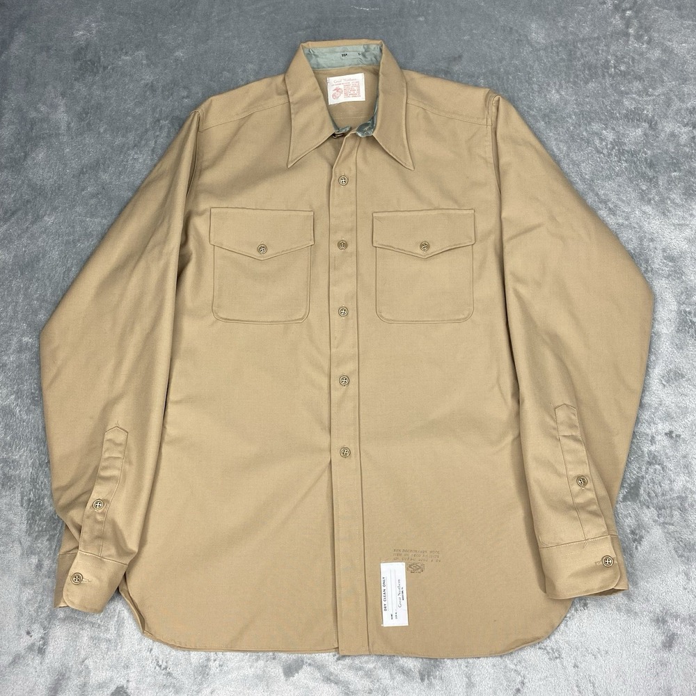 Vintage Military Shirt Mens Size L Tan 70s Wool Dacron USMC Button Up Union Made